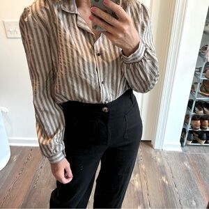 Vintage gray shimmery striped Victorian steam punk blouse stripes 

size medium